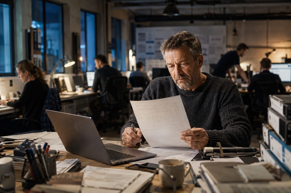 Unternehmer spätabends am Schreibtisch mit Papierkram und Laptop
