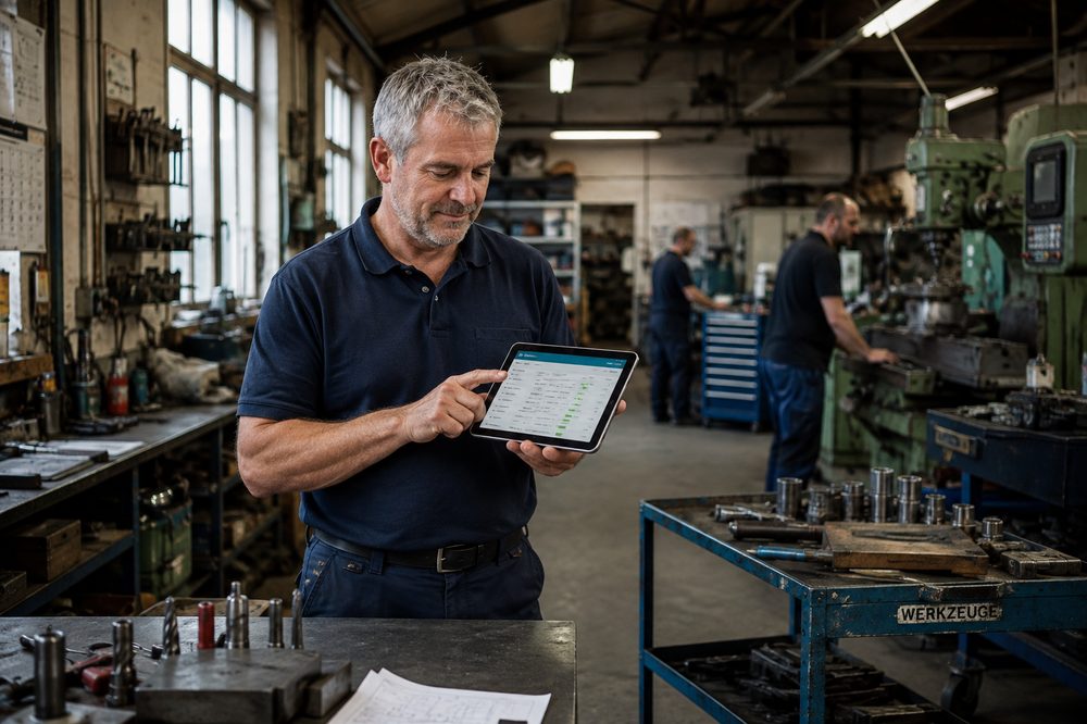 Handwerker mit Tablet in der Werkstatt